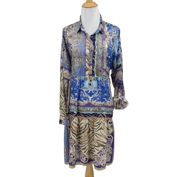 Johnny Was Dress Womens M Medium Multi Valentin Jasmine Silk Long Tab Sleeve - Picture 1 of 11
